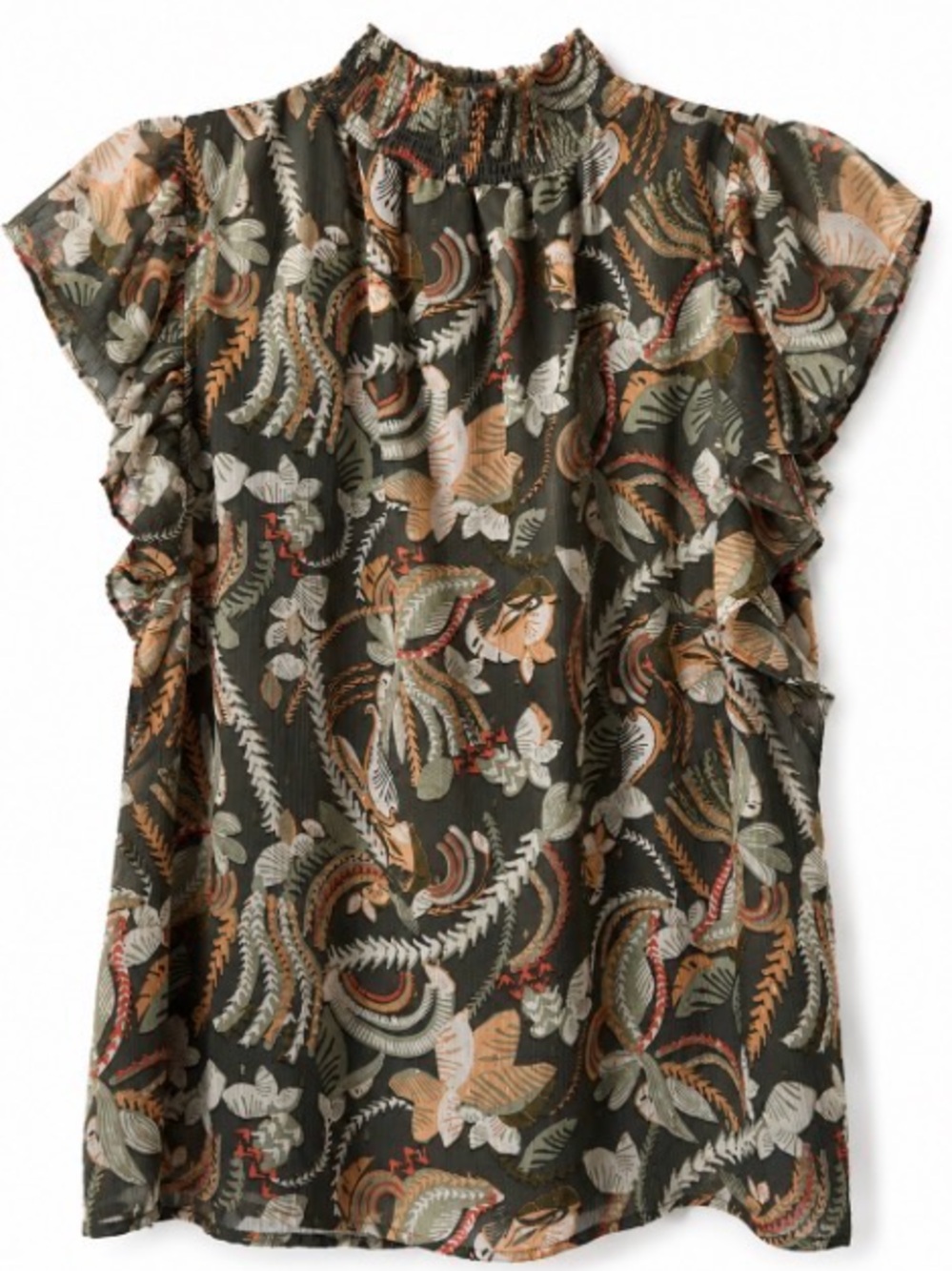 Joie Olive Green Floral Ruffle-Sleeve Blouse - Size M